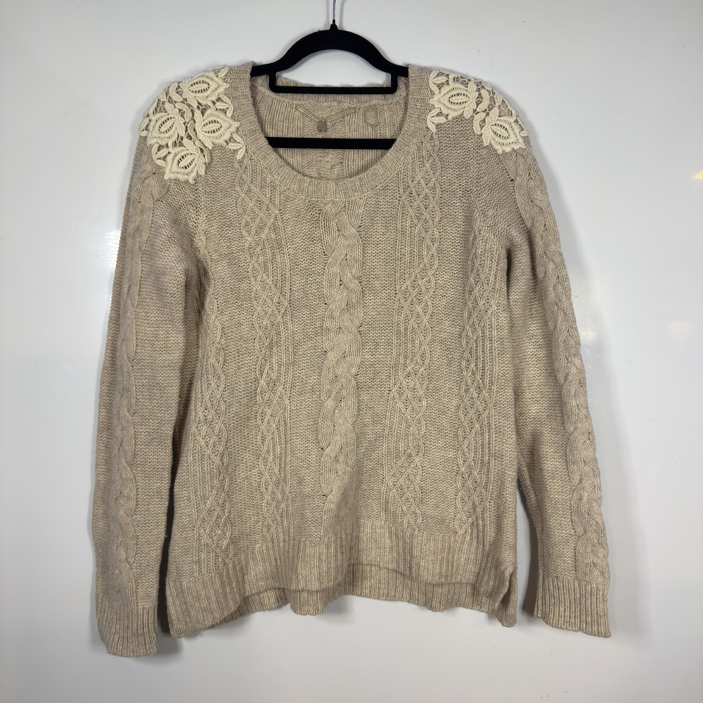 Anthropologie Knitted & Knotted Wool Cable Knit Lace Sweater Medium Beige Cream
